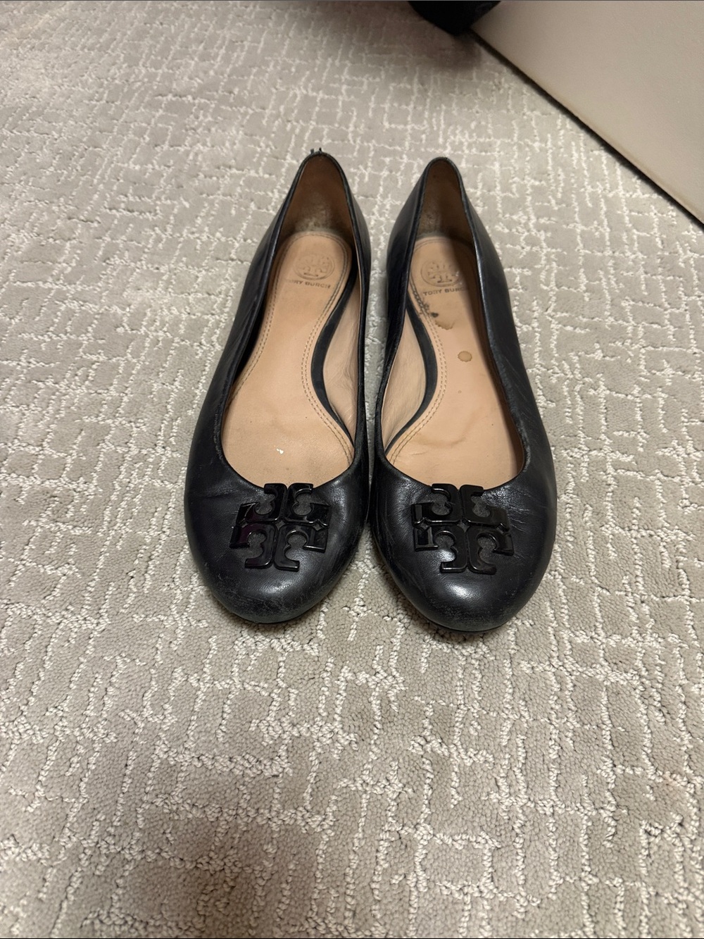 Tory Burch Black Logo Leather Ballet Flats